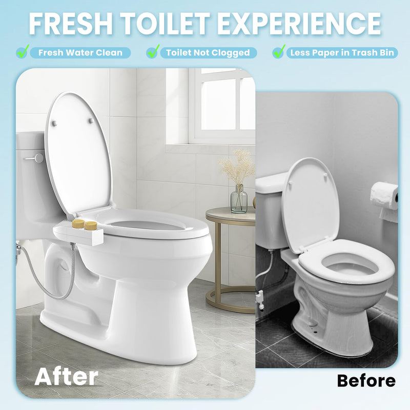 Toilet Bidet With Left/Right Side Reversible Design, Fresh Water, Non-Electric, Toilet Bidet Attachment, Right/Left Hand Side with Dual Nozzle, Self-Clean, Easy to Install (Bamboo Knob) Bamboo Knob
