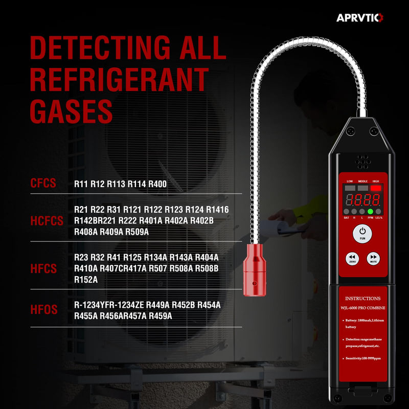 WJL-6000PRO Refrigerant Leak Detector, Freon Leak Detector with Dual Detection Modes PPM &%LEL, AC Leak Detector Kit for Auto AC Repair, R134a R12 R22 R410A CFCs HCFCs HFCs HFOs HCs