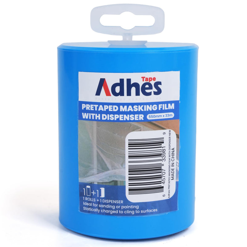 ADHES Pretaped Masking Film with Dispenser, 550mm x 33m (22in x 108ft), Paint Protection Plastic Drop Cloth for Painting, Automotive, Furniture and Floor Covering 22in x 108ft 1