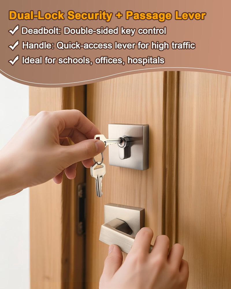 KNOBWELL 1 Pack Passage Door Handle with Deadbolt, Brushed Nickel Double Cylinder Deadbolt Lock Square Front Door Lock Double Cylinder Deadbolt with Passage Lever