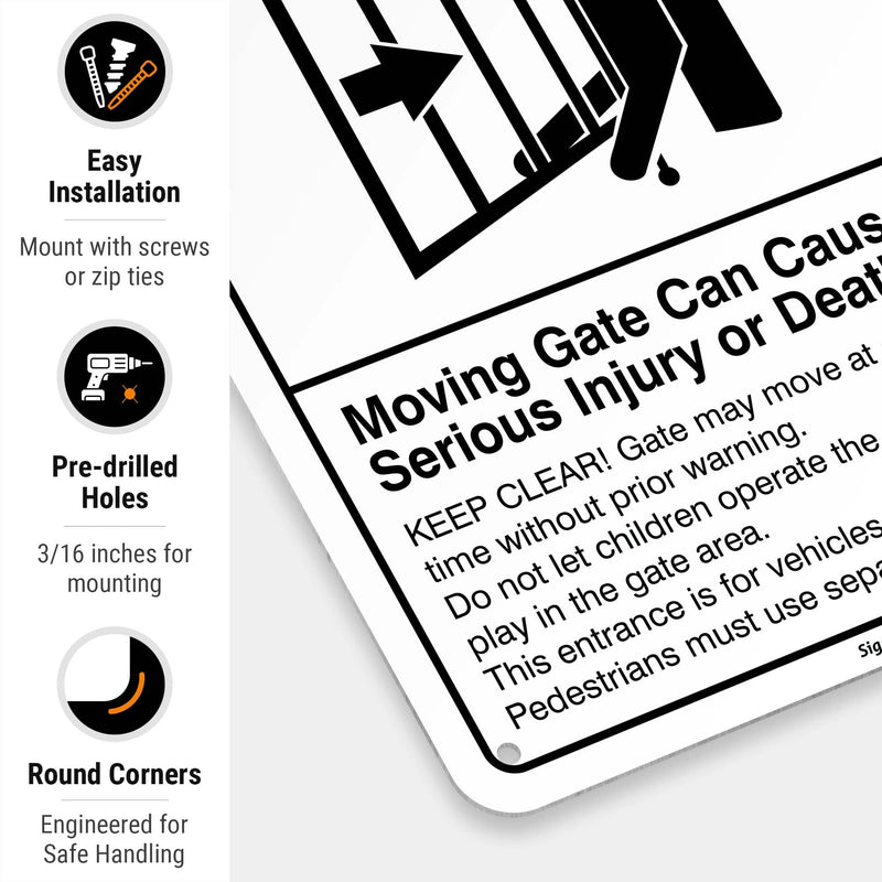 Moving Gate Sign, Moving Gate Can Cause Serious Injury or Death 10x7 Inches, Rust Free .040 Aluminum, Fade Resistant, Made in USA