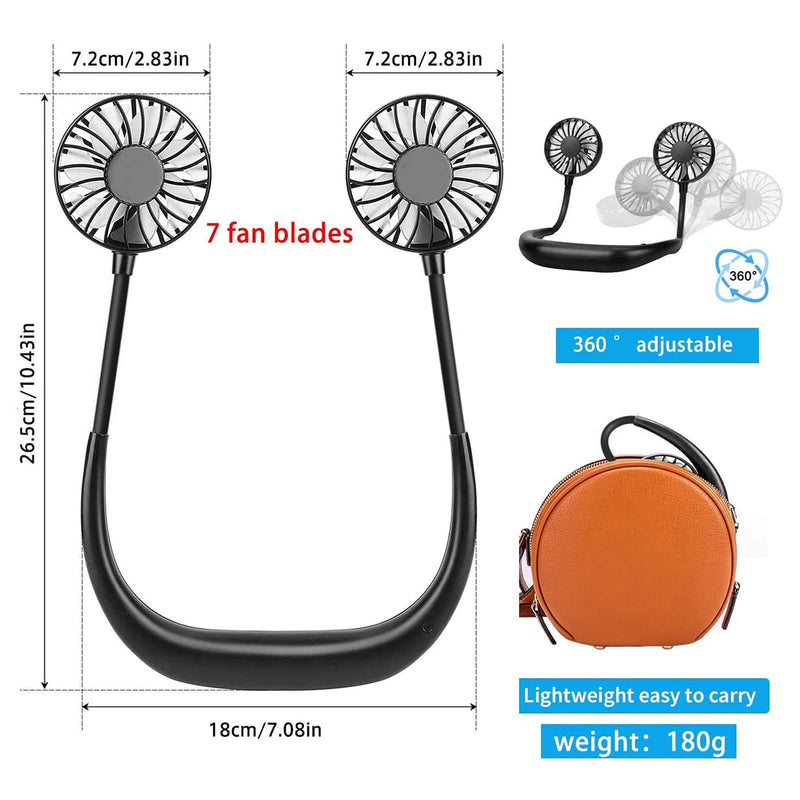 [Australia - AusPower] - RJVW Portable Neck Fan, Hand Free Personal Hanging Neck Sports Fan USB Rechargeable (3 Speed Adjustable) Wearable Cooling Head Fan,360 Degree Free Rotation for Traveling, Sports, Office, Reading Full Black 