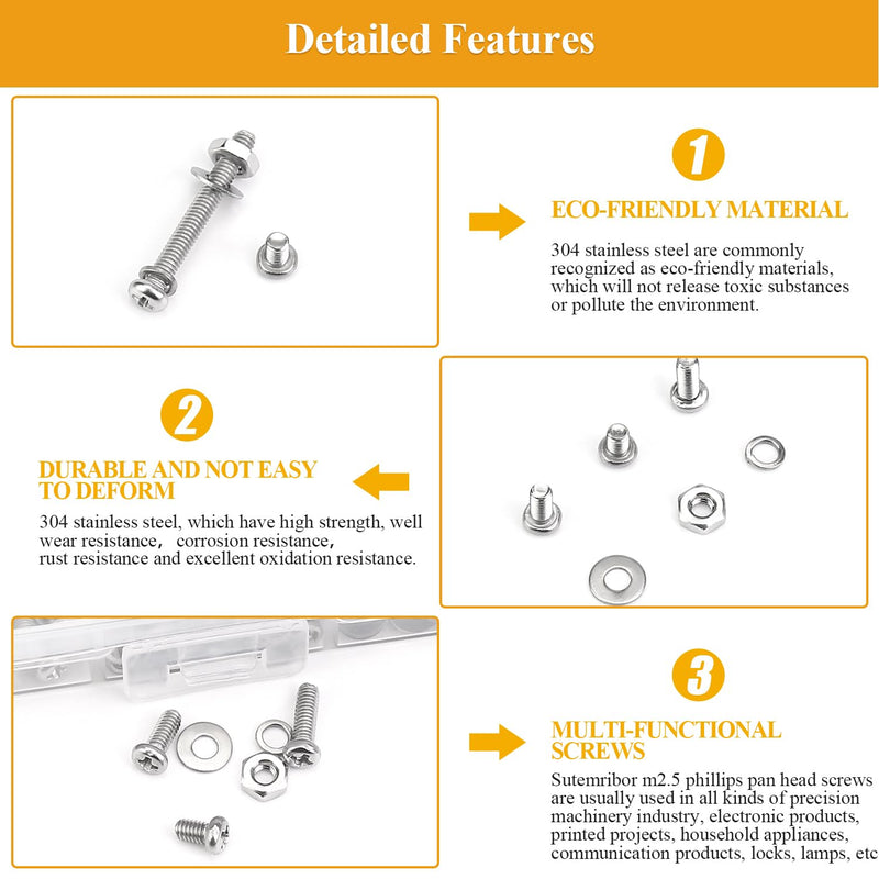 [Australia - AusPower] - 565 Pieces M2.5 Machine Screws Nuts Washers Set, Sutemribor M2.5 x 4/6/8/10/12/16/20mm Phillips Pan Head Machine Screws Nuts Washers Assortment Kit, 304 Stainless Steel, Fully Threaded 