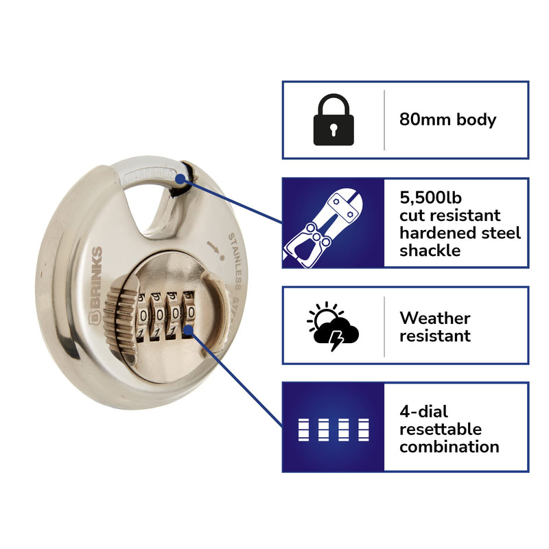 BRINKS  Heavy Duty Combination Padlock  80mm Chrome Plated Lock with Hardened Steel Shackle  Resettable Security Lock for Storage Lockers, Toolboxes, Outdoor & Indoor Sheds, and More