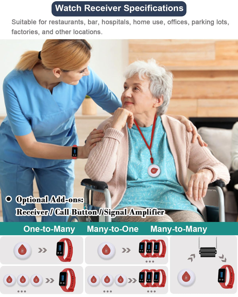 [Australia - AusPower] - Wireless Call Button System Caregiver Pager 5 SOS Call Buttons and 1 Watch Receiver Nurse Calling System Home/Elderly/Hospital/Clinic (5 Call Button(O1R) + 1 Watch Receiver(200VT)) 5 call button(O1R) + 1 watch receiver(200VT) 