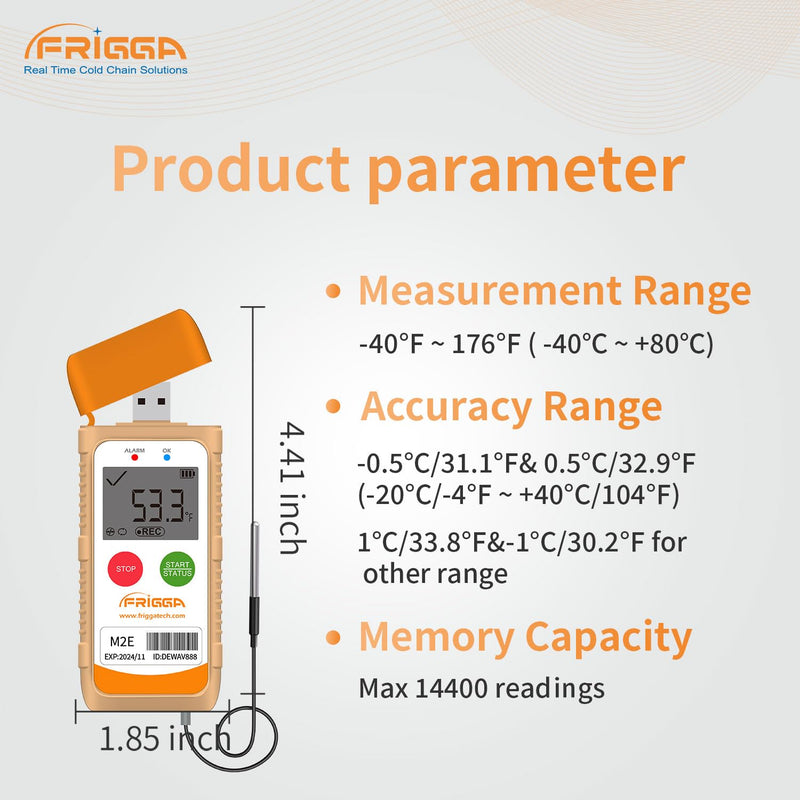 [Australia - AusPower] - Frigga M2E Reusable Temperature Data Logger with External Probe Multi-Use Digital Refrigerator Thermometer USB 14400 Points High Accuracy Temperature Recorder PDF CSV Report 1pack 