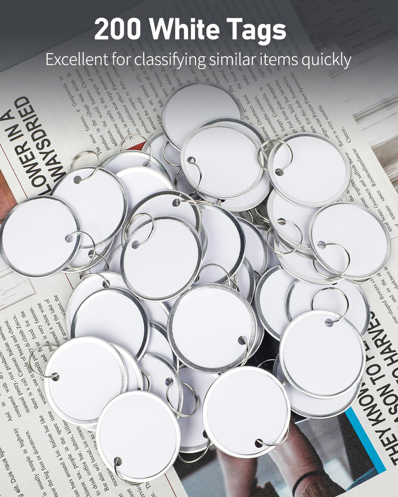 Uniclife 200 Pack Key Tags 1.5 Inch Round Key Chain Tags Writable White Paper Labels with Metal Edges and Split Rings Sturdy Lightweight Key Item Identifiers 200 PCS
