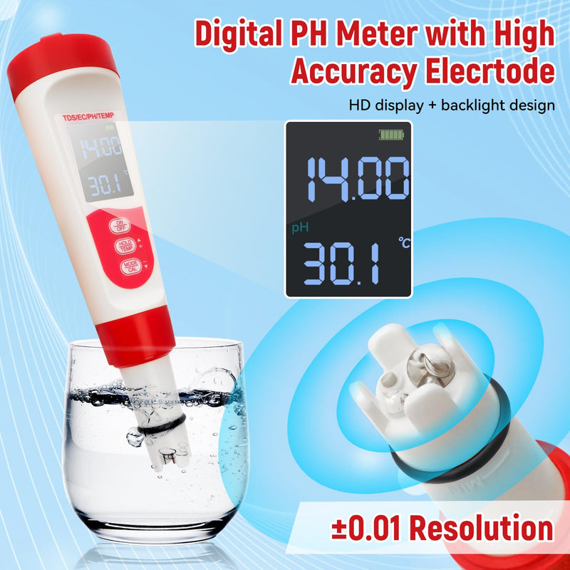 [Australia - AusPower] - Digital Pool Water PH Tester - Multifunctional 4 in 1 PH Meter for Water/TDS/EC/Thermometer, TDS EC Meter Digital Water Tester with LCD Display for Drinking Water Swimming Pools Aquariums Hydroponics 
