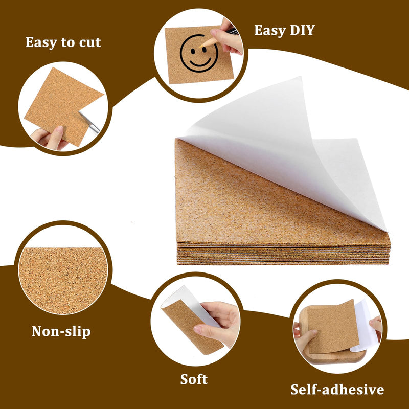 Bremorou 30 Pcs Cork Sheets with Adhesive Backing 4 x 4 Inch Square Corks Tiles Self-Adhesive Cork Coasters Mini Wall Board for DIY Crafts Drinks Mat Home Office Tabletop Decoration Brown Oak Gifts