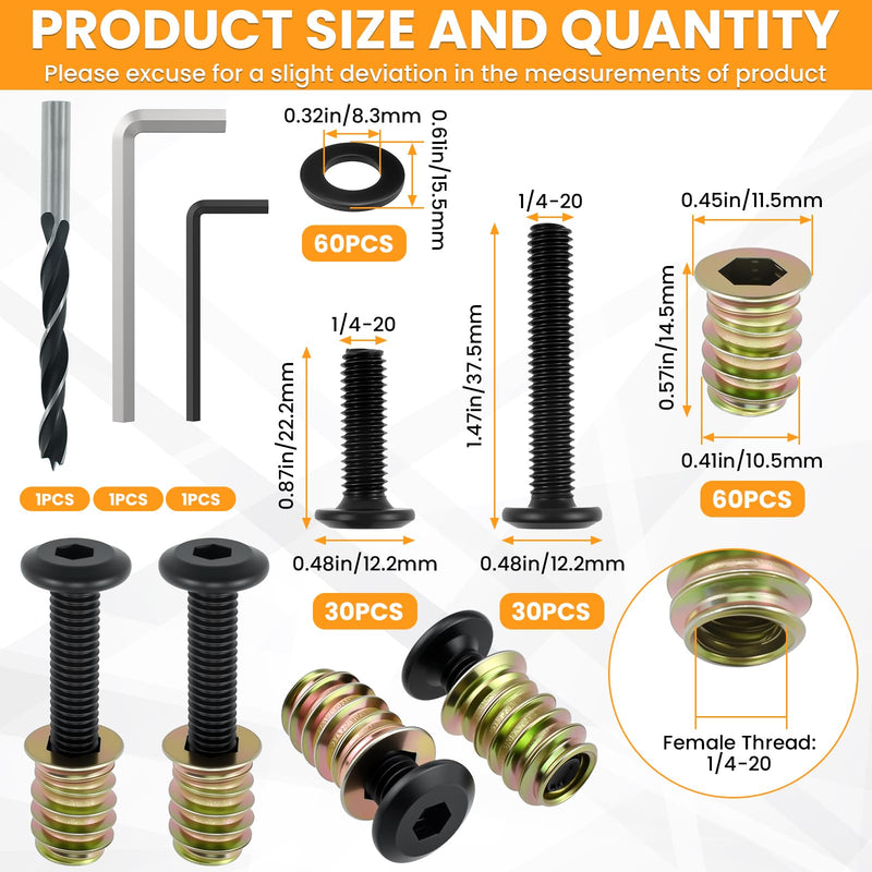 [Australia - AusPower] - 60 Sets 1/4-20" x 19/32" Threaded Insert and 4/5"＆1-1/2" Lengths Bolt for Wood, Hex Socket Drive Furniture Screw Nut Assortment Kits with Hex Wrench, Washers and Drill Bit 1/4-20" x 19/32" 60 Sets , 4/5"＆1-1/2" Lengths 