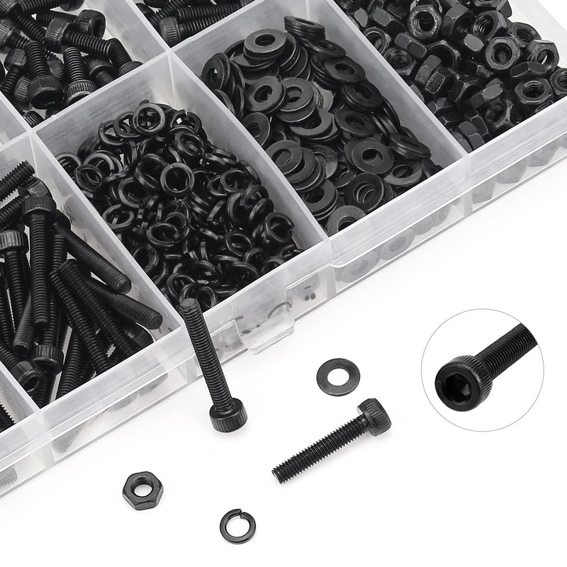 [Australia - AusPower] - 560 Pieces M3 x 4mm /6mm /8mm /10mm /12mm /16mm /20mm, Hex Socket Head Cap Screws Bolts Washers Nuts Kit, 12.9 Grade Alloy Steel, Full Threaded, Black 