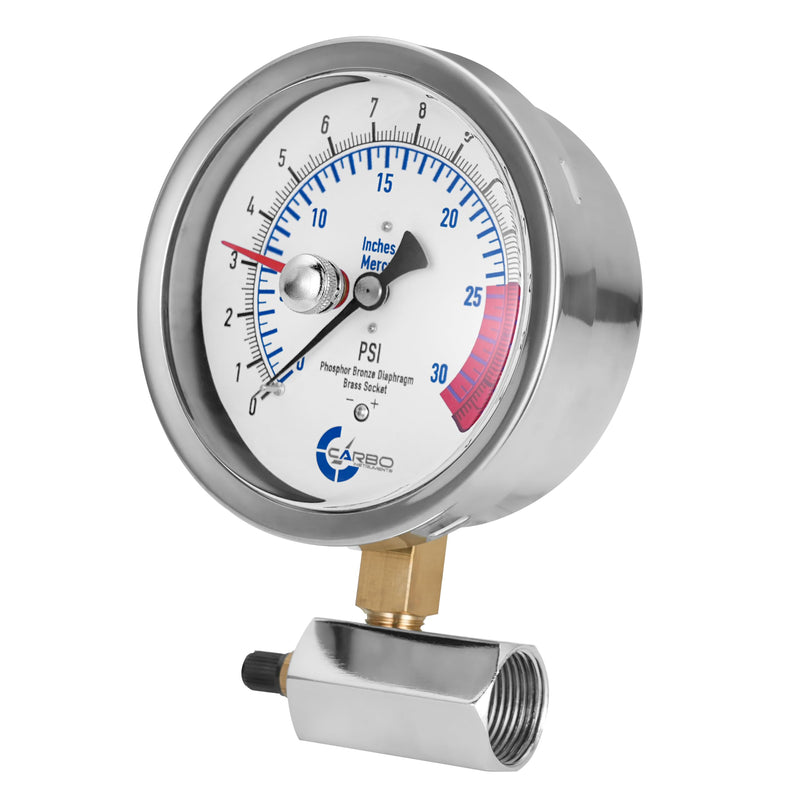 [Australia - AusPower] - 4" Gas Test Pressure Gauge 15 Pound, 15 PSI / 30 InHg, 3/4” FNPT Con, Stainless Steel Case, Accuracy 1%, Red Pointer Pressure Memory, Chrome Plated Steel Body Assembly 