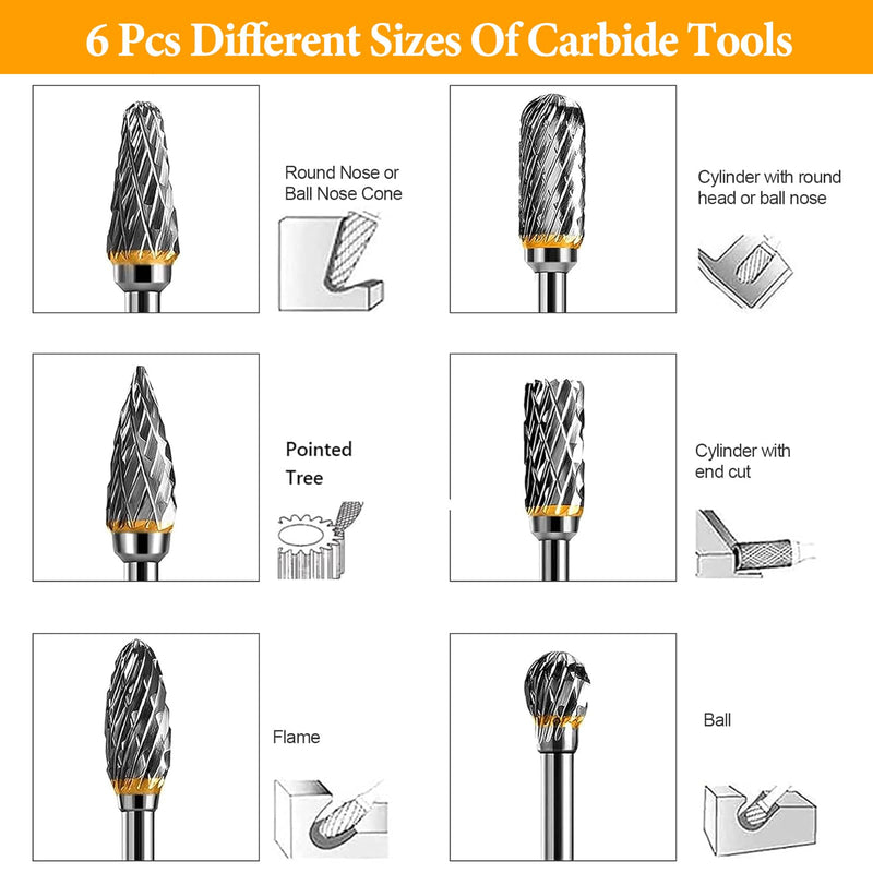 [Australia - AusPower] - 6 Piece Carbide Burr Set, Tungsten Carbide Cutter 6 mm Shank, Carbide Burr with Double Cut for Dremel, with 1/8 Inch Shank, for Grinder, Carving, Metal Polishing, Engraving, Drilling 