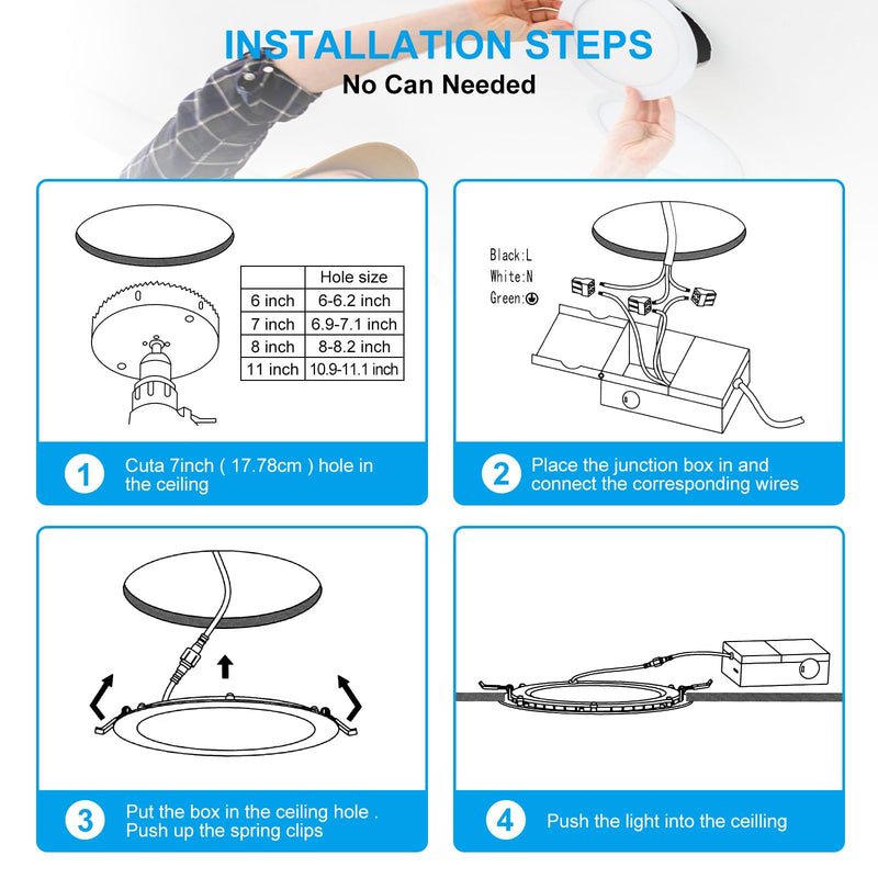 [Australia - AusPower] - 7 Inch 3CCT Ultra-Thin LED Recessed Light with Junction Box, 3000K/4500K/6000K Selectable, 18W Eqv 125W, Dimmable Canless Downlight, 1600LM High Brightness 1 Pack 