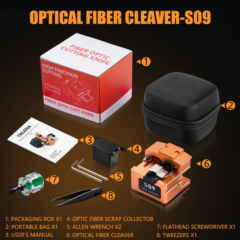 S09 High Precision Optical Fiber Cleaver – 16-Port Tungsten Steel Blade, 58,000 Cuts, 3-in-1 Fixture for 0.25/0.9/2.5-3.0mm Fibers, Automatic Reset, CNC Aviation Aluminum for FTTH & Splicing