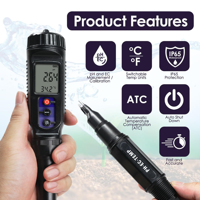 [Australia - AusPower] - pH Meter for Food 3-in-1 Digital pH EC Temperature Meter with ATC, Food pH Tester for Checking Fermentation/Bread Dough/Sausages, Waterproof pH Probe Meter for Cosmetics, Solid and Soft Soil Sample 