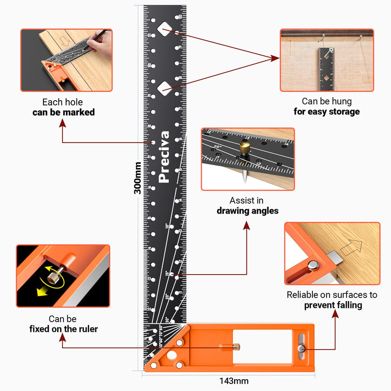 Preciva Carpenter Square Set, 7" Rafter & 12" Right Angle Ruler | Durable aluminum alloy, easy-read scale, use for marking angles, drawing lines, layout work, for carpenters, framers, DIYers