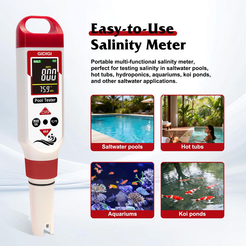 Digital Chlorine Tester Pool Salinity Meter, 7-in-1 pH Meter Test FAC pH Salt ORP TDS EC,Hot Tub Chlorine Meter with Backlit Display Screen for Drinking Water Quality Chlorine Level,Pool Tester