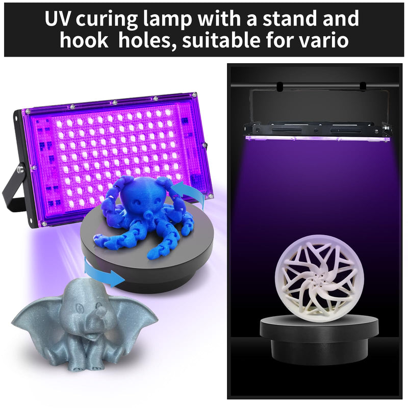 100W UV Resin Curing Light with Dual-Power 360° Rotating Turntable, 405nm UV Light for Resin, High-Power Lamp with 360° Adjustable Stand for SLA DLP LCD 3D Printers, DIY Curing Box 100W Light with Turntable