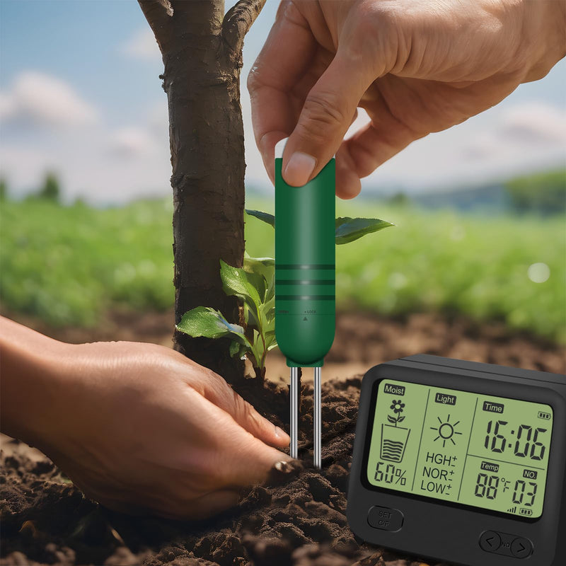 4-in-1 Wireless Soil Moisture Meter/Thermometer/Sunlight/Time,PH Paper, Waterproof Plant Moisture Sensor Meter with Digital LCD Display for Garden, Lawn and Indoor Plants 4-in-1 Display+1 Sensor