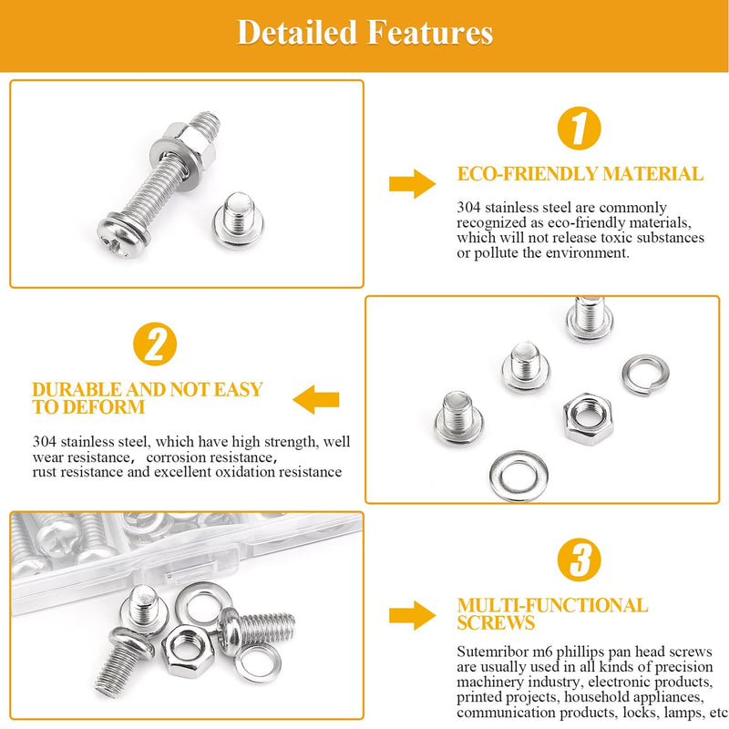 [Australia - AusPower] - 129 Pieces M6 Machine Screws Nuts Washers Set, Sutemribor M6 x 8/10/12/16/20/25/30mm Phillips Pan Head Machine Screws Nuts Washers Assortment Kit, 304 Stainless Steel, Fully Threaded 
