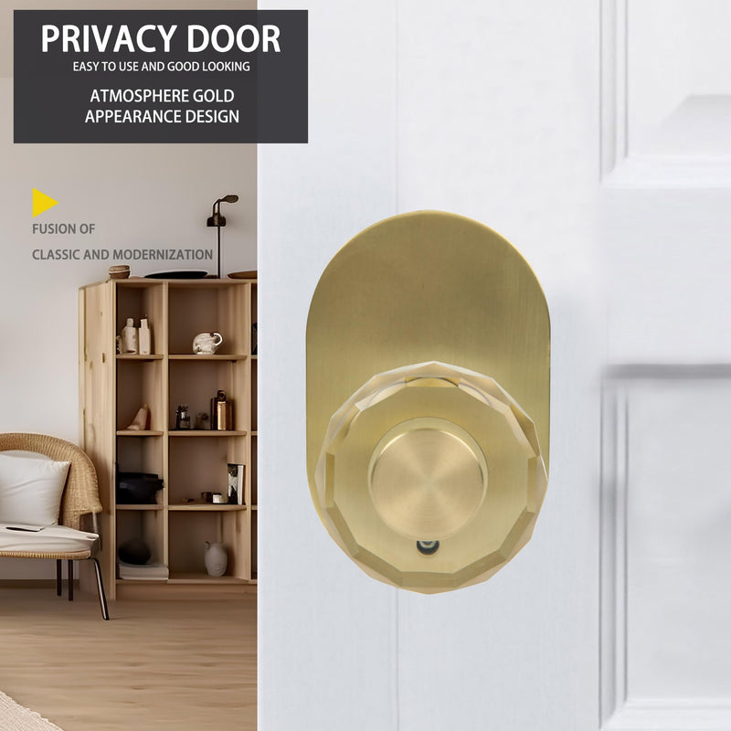 Gold Door Knob Interior, Privacy Door Knob for Bathroom and Bedroom, Premium Glass Door Knobs, Anti-Lock Function, Round Clear Crystal Bathroom Door Knob with Lock, 1 Pack Gold Plated