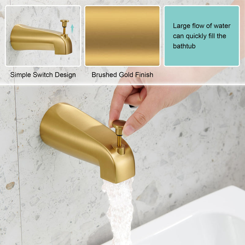 Tub Spout with Diverter, Slip On Bathtub Spout Fits 1/2'' Copper Tube(5/8'' Dia), Bathroom Tub Faucet with PTFE Tape & Hex Wrench, Brushed Gold