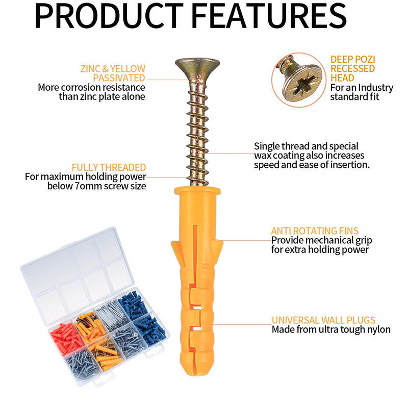 [Australia - AusPower] - 360 Pcs Drywall Wall Anchors and Screws and Nails Kits, Chipboard Wall Fish Type Wall Plugs, Plasterboard Mount Flat Head Self Tapping Fixings Wood Plugs and Screws and Nails 