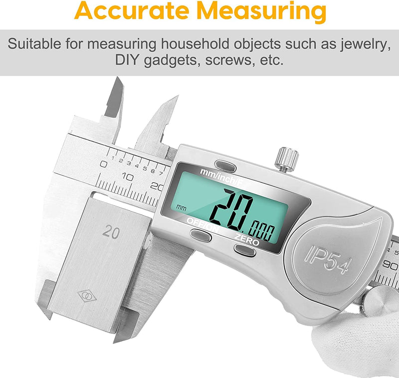 [Australia - AusPower] - Digital Caliper, 6 inch Caliper Extreme Accuracy Measuring Tool with Stainless Steel, IP54 Waterproof Protection Design, Inch Metric Fraction Switch for Daily and Professional Use 