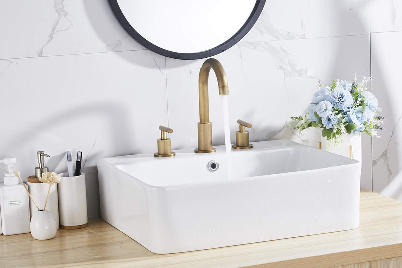 2-Handle Bathroom Faucet 3 Holes 360 Swivel Spout Antique Brass Widespread Bathroom Sink Faucet with Pop Up Drain Brass Antique
