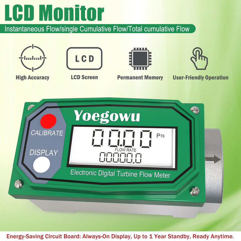 [Australia - AusPower] - 1" Digital Turbine Fuel Flow Meter, 2.6–26 GPM Inline NPT Flowmeter with LCD Display and 3/4" Adapters,For Diesel,Gasoline,Kerosene, Water and Other Liquids –Supports Gallon, L, QTS, PTS, m³ (1"&3/4") 1"&3/4" 