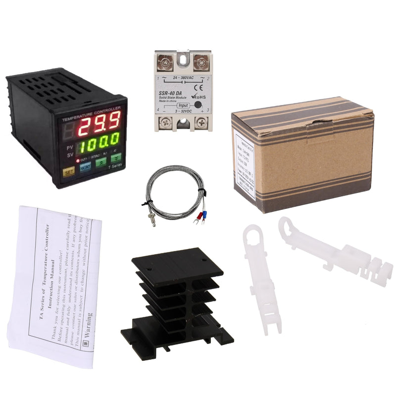 [Australia - AusPower] - PID Temperature Controller Meter Indicator, Jaybva Digital Universal Thermostat C and Fahrenhe F Display SSR and Alarm Output 40A Solid State Relay and Thermocouple Probe Heat Sink Included PID+40A SSR+Heat Sink+K Sensor 