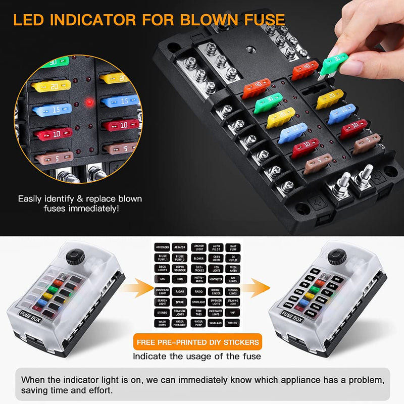 [Australia - AusPower] - Upgraded 300A 12 Way Blade Fuse Block Fuse Box with 2 Positive Power Inputs Negative Bus, ELECTOP 12 Circuit Fuse Holder ATC/ATO Fuse Block Panel with LED Indicator for 12V/24V Car Truck Boat Marine Upgraded 12 Way Fuse Block 