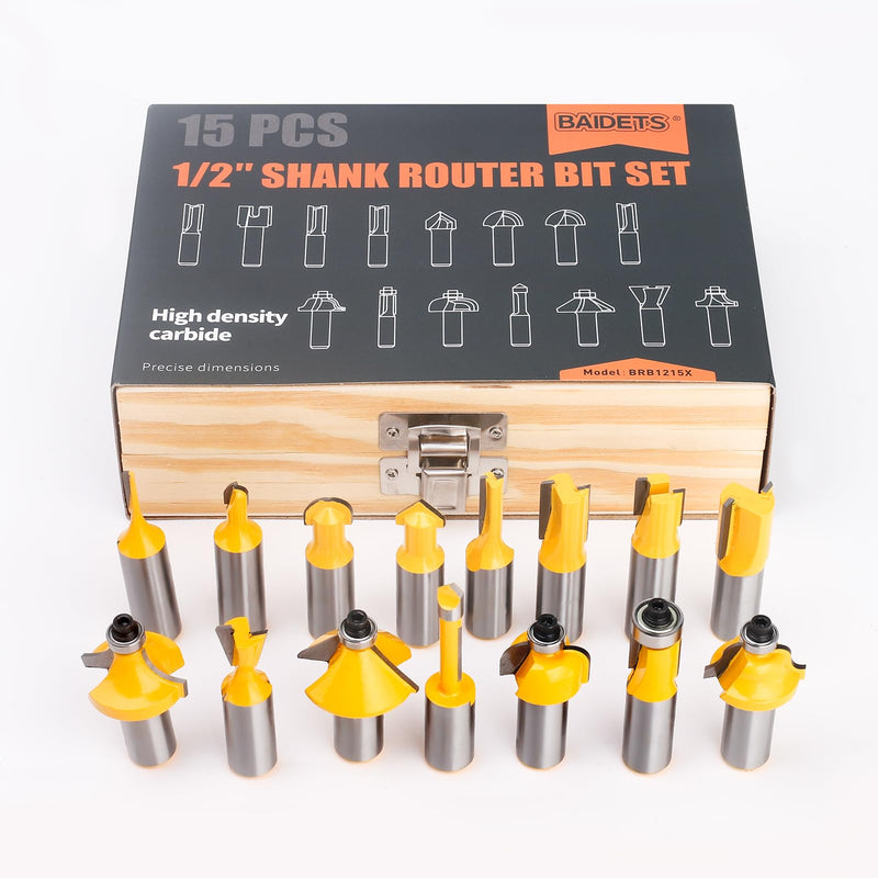 BAIDETS 15 Pcs Router Bits Set 1/2 Inch Shank, Tungsten Carbide Router Bits, Woodwork Tools 15 Pcs, 1/2" Shank