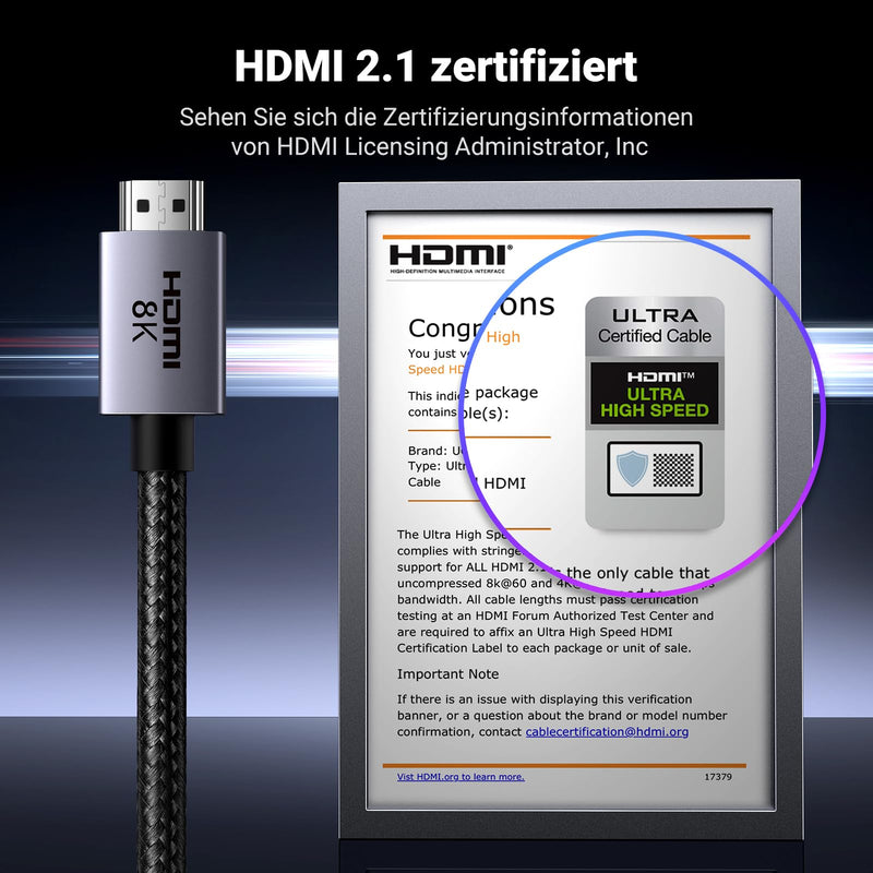 UGREEN HDMI 2.1 Cable, 8K@60Hz, 4K@240Hz, HDMI Certified, 48Gbps, 2M | Aluminum Housing, Nylon Braid, HDR, eARC, VRR, ALLM, Dolby Atmos, Compatible with PS5, TV, PC, Laptop, Monitor, Projector 2.0 Meter