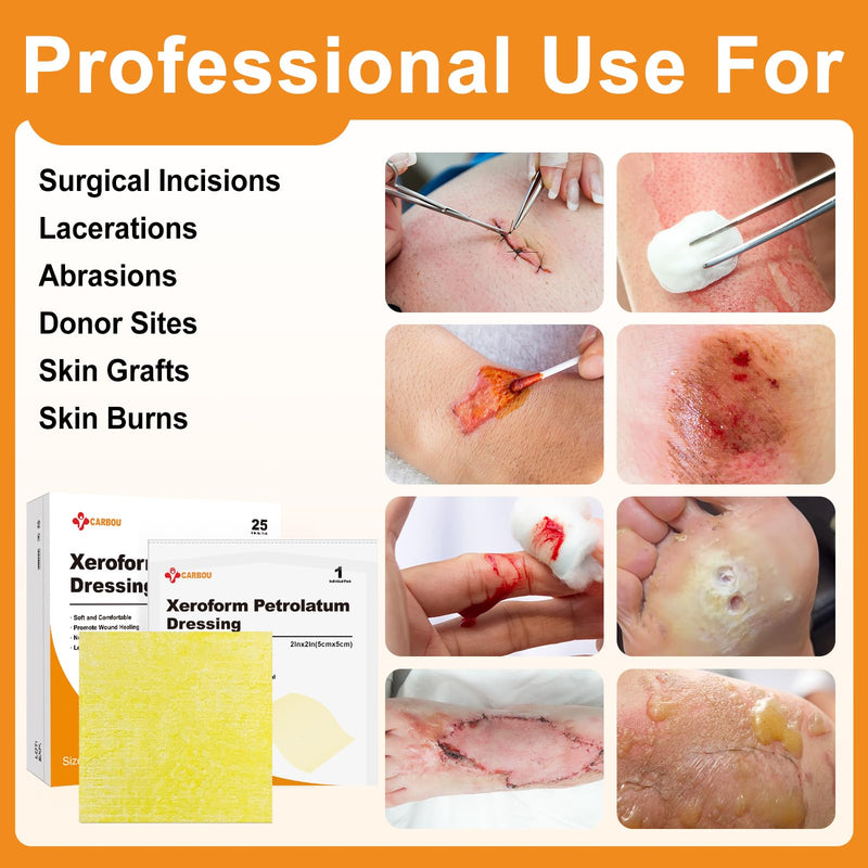 [Australia - AusPower] - Carbou Medical Xeroform Petrolatum Dressing 2"x2", 25 Individual Pack, Non-Adherent Gauze Pads, Soft Fine Mesh Gauze Patch for Wound Care, Burns, Lacerations, Skin Grafts & Surgical Incisions 2"x2" (Pack of 25) 
