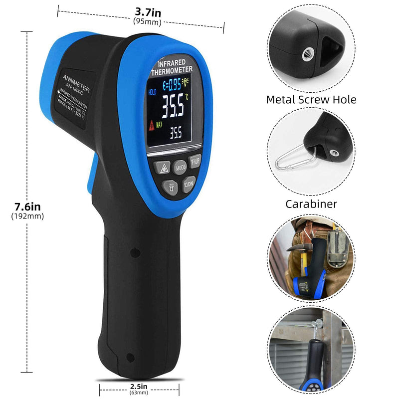 [Australia - AusPower] - AIOMEST 50: 1 Infrared Thermometer -58°F ~3272°F (-50~1800℃) Digital High Temperature Pyrometer with Adjustable Emissivity, Digital Laser IR Temp Gun for Cooking Kiln HVAC (NOT for Human Temp) AN-1800C (Color Screen) 