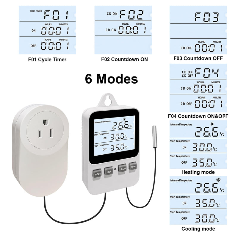 [Australia - AusPower] - Temperature Controller Heating Cooling Mode Digital Thermostat 120V 15A Plug in Thermostat Controlled Outlet for Reptile Greenhouses Seedling Mat Incubation Terrarium 