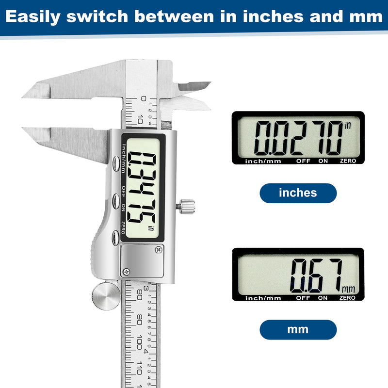 [Australia - AusPower] - Digital Caliper Measuring Tool, 6 Inch Stainless Steel Vernier Caliper Digital Micrometer with Large LCD Screen, Auto-Off Feature, Easy Switch from Inch to Millimeter 