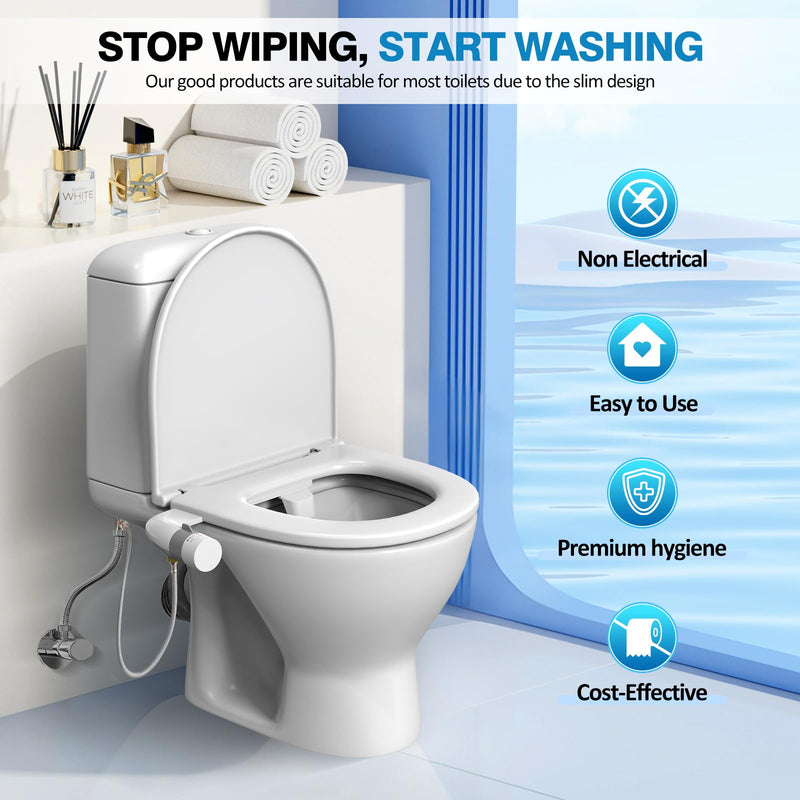 Non-Electric Bidet Dual Mode Bidet Attachment for Toilet, Ultra Slim Rotary Switch Retractable Nozzles for Rear & Feminine Cold Water Wash, Adjustable Water Pressure, Stainless Steel Inlet