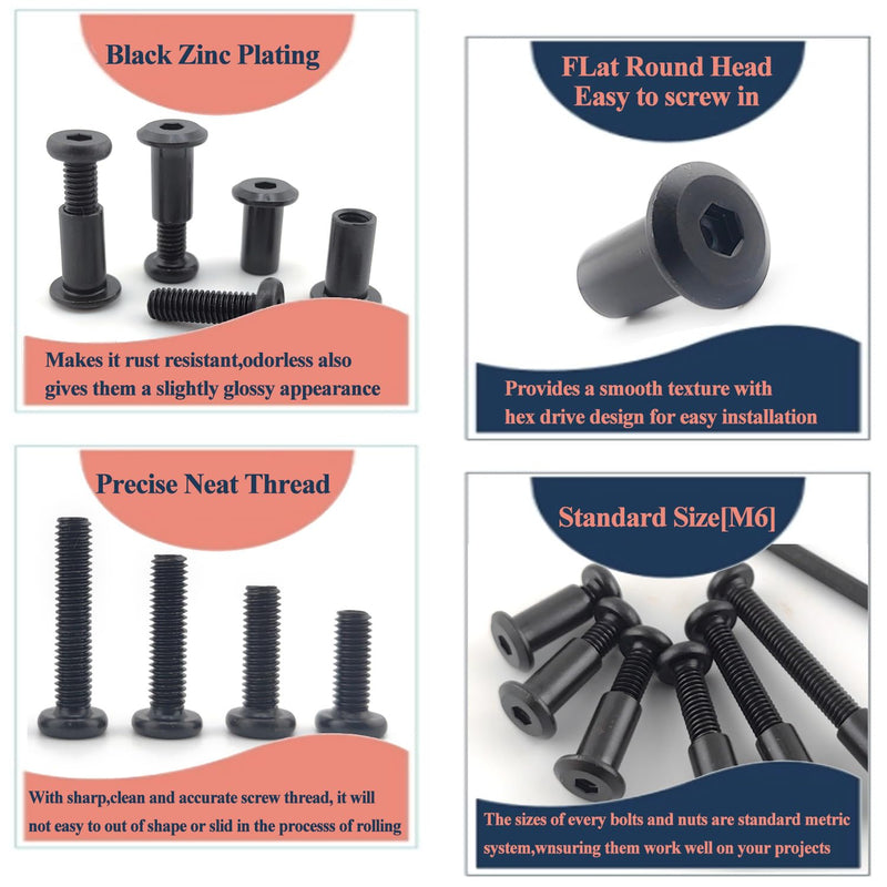 [Australia - AusPower] - Black M6 Hex Drive Socket Cap Bolts Screws Kit,30-Sets Binding Post Screws Socket Cover Connecting Bolt Fixing Post Screw for Furniture Chair Crib Table Cabinets,M6x16mm/ 20mm/ 25mm/ 30mm/ 40mm/ 50mm Black Black-6sizes-35sets 