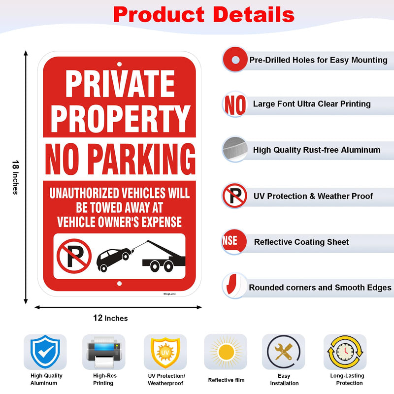 2 Pack Private Property No Parking Signs,18x12 Inch Unauthorized Vehicles Towed at Owner's Expense Sign, Reflective Rust-Free Aluminum, UV Protected, Weatherproof for Residential & Commercial Areas