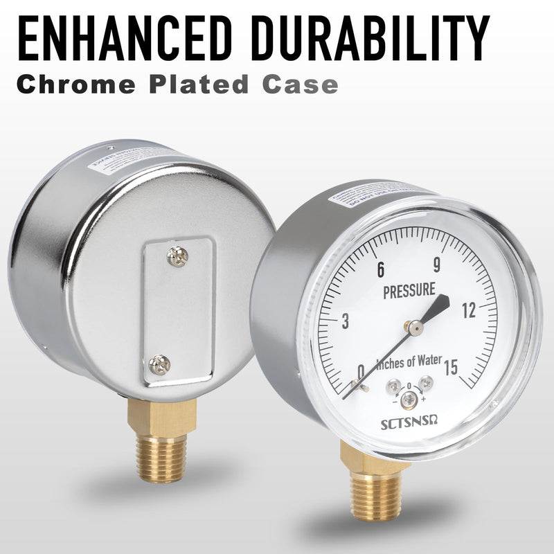 [Australia - AusPower] - 0 to 15 Inches of Water Column Pressure Gauge, Capsule Measurement System, 2.5 inch Dial, 1/4" NPT Lower Mount, Chrome Plated Case, for Gas Line, Regulator, Air, Low Pressure Test 0-15 inH2O 