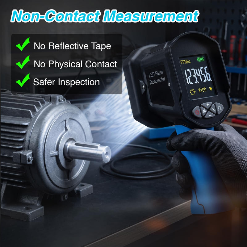 60-100000 RPM Digital Strobe Speedometer, Non-Contact Handheld LED Strobe with 0.001% Accuracy of Speed Measurement, 1500LUX, 16 LEDs, USB Rechargeable, LCD Display for Motors, Fans