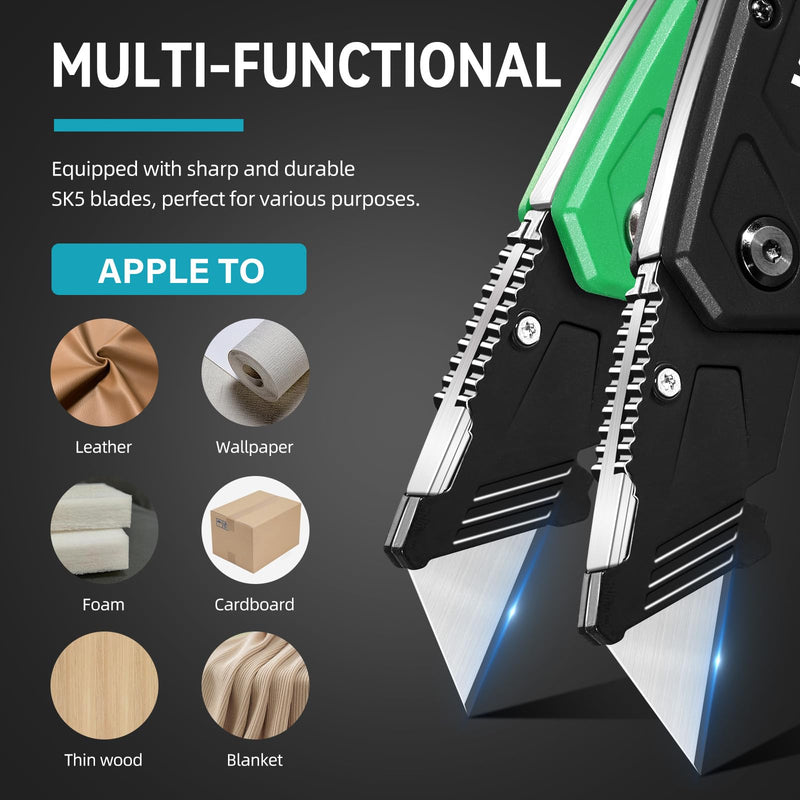 [Australia - AusPower] - KATA Folding Box Cutter Knives: Heavy Duty Utility Knife Pocket Box Cutter with Extra 20pcs Razor Blades - 4-Pack Plastic Cardboard Opener Safey Knives - Gifts for Men Cutting Cartons, leather, Rope D 