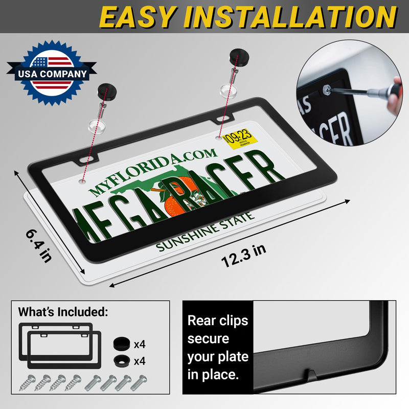 Premium Matte Black License Plate Frames – 2 Pack, Rust-Free Stainless Steel, Rattle-Free, Universal with Screw Caps, Slim-Top Design, Thin Rigid Metal Front & Rear Car Tag Holders - for Men & Women 2 Piece