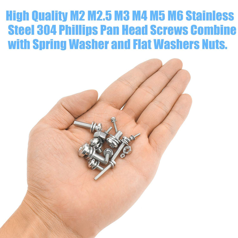 [Australia - AusPower] - DYWISHKEY 480 PCS M2 M2.5 M3 M4 M5 M6, 304 Stainless Steel Phillips Pan Head Screws Combine with Spring Washer and Flat Washers Nuts Assortment Kit 