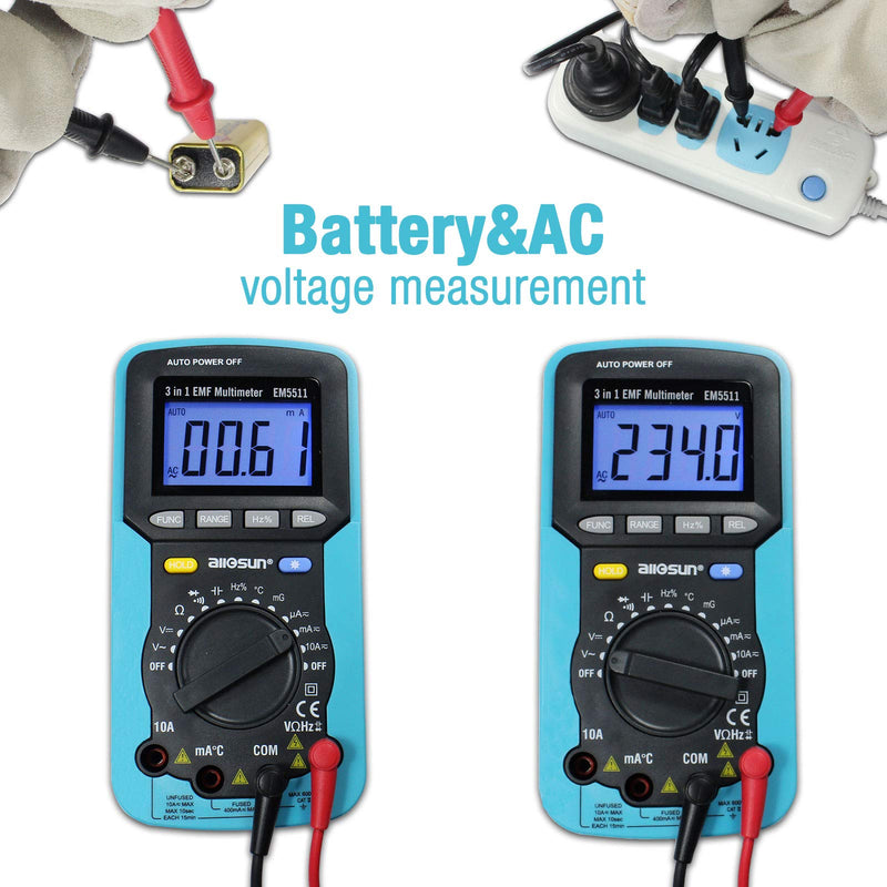 ALLOSUN EM5511 3 in 1 EMF Digital Multimeter Antorange Electromagnetic Field Radiation Tester DC AC Volt Ampt DMM