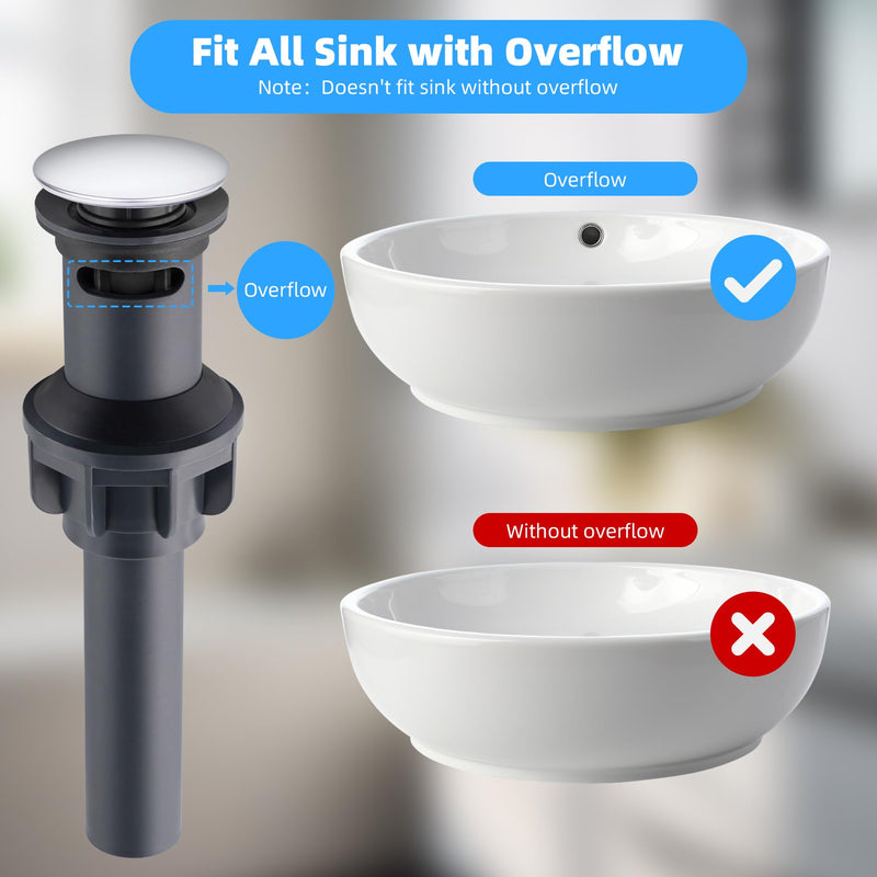 Hibbent 2 Pack Universal Bathroom Sink Drain Stopper, Pop Up Drain Strainer with Overflow, Push and Seal Sink Plug with Basket for Lavatory Vanity Vessel, Anti-Clogging Strainer, Chrome High-quality Plastic Chrome Finish