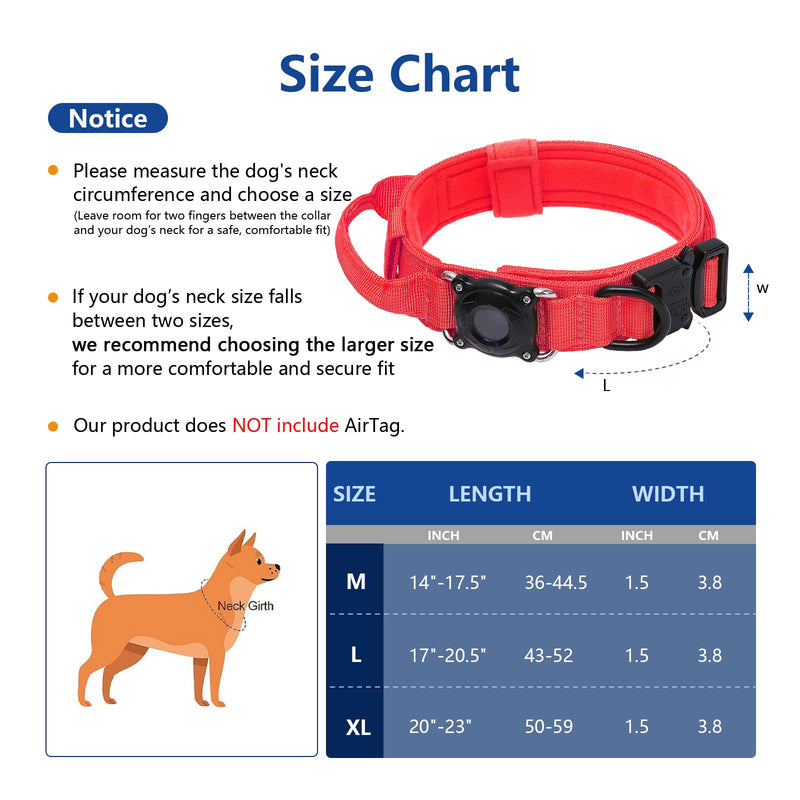 Waterproof AirTag Dog Collar with QR Code ID Tag, Tactical Military Dog Collar with Built-in AirTag Holder, Heavy Duty Metal Buckle & Control Handle, GPS Tracker Collar for Large Dogs (Red, XL) Red XL (20"-23")